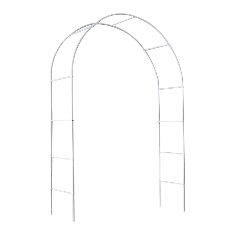 White metal garden arch trellis arbor with climbing plants over walkway - detail view