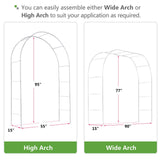 White metal garden arch trellis arbor with climbing plants over walkway - side view