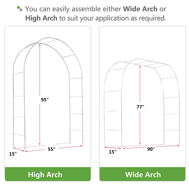 White metal garden arch trellis arbor with climbing plants over walkway - side view