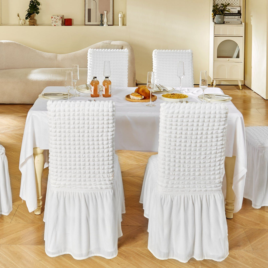 white spandex folding chair covers close-up of stretch fabric finish