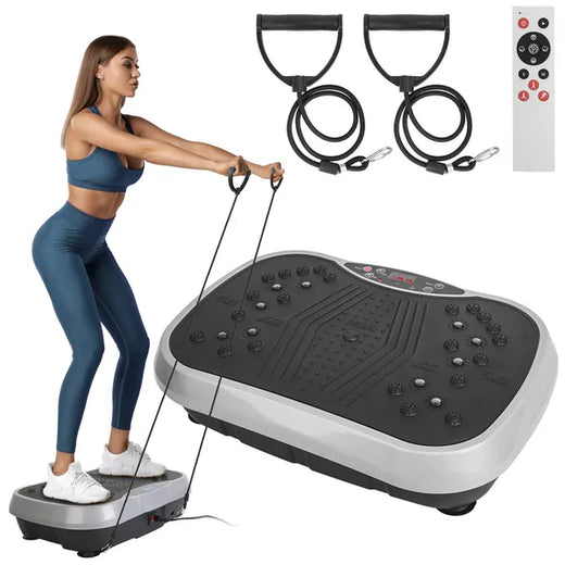 Rectangular vibration platform with circular massage nodes, digital display, resistance cords, and handheld remote