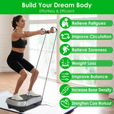 Woman doing squats on the vibration platform while pulling resistance bands attached to the base