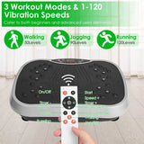 Close-up of the vibration platform control panel and remote showing walking, jogging, and running speed modes