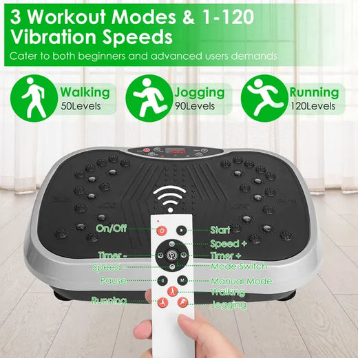 Close-up of the vibration platform control panel and remote showing walking, jogging, and running speed modes