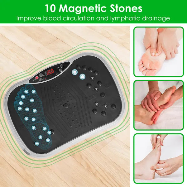Vibration platform with magnetic massage nodes shown with inset photos of feet receiving a circulation massage