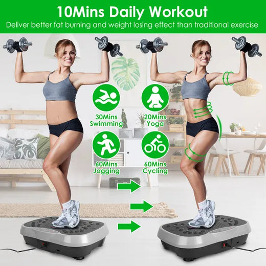 Woman using the vibration platform with dumbbells during a workout session