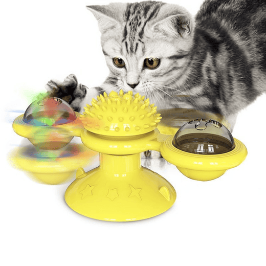 Interactive windmill cat toy with spinning feather arms