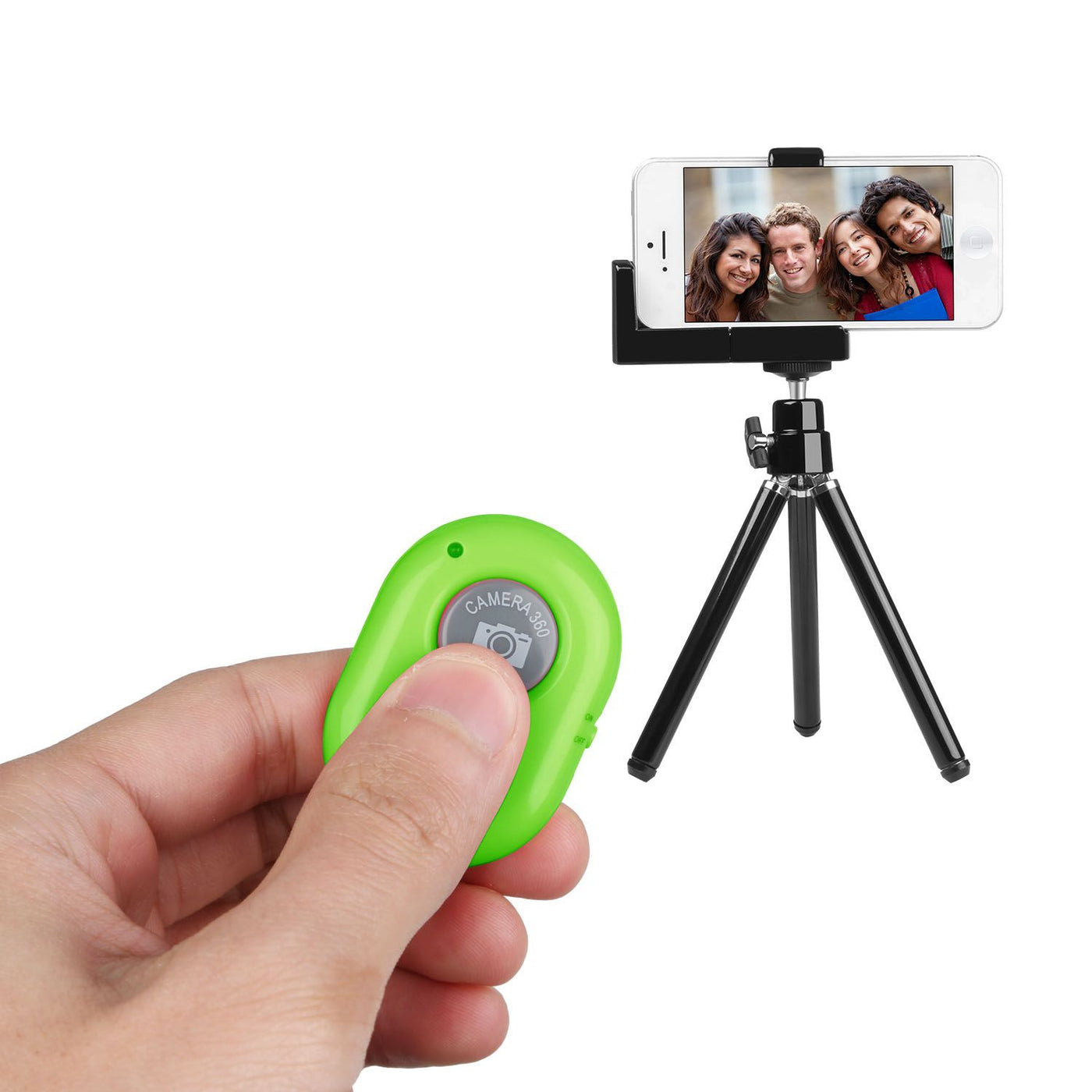 Wireless shutter remote, paired with phone for selfies