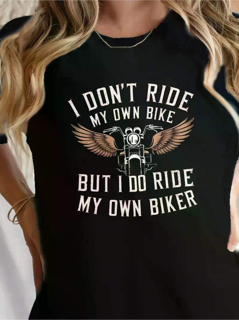 Women's biker graphic tee sleeve and shoulder fit detail