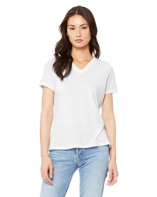 Women's triblend V-neck tee in white front view