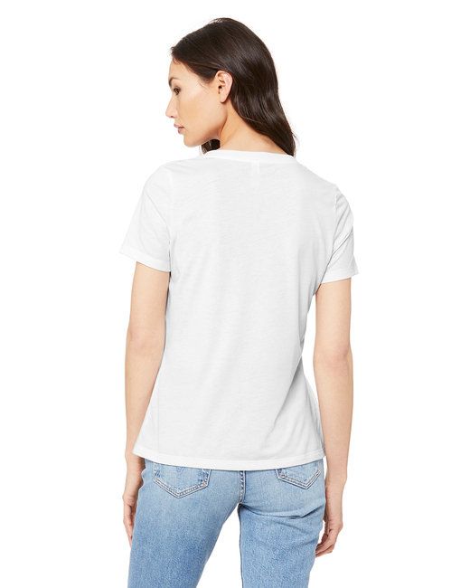 Triblend V-neck tee side view showing relaxed fit