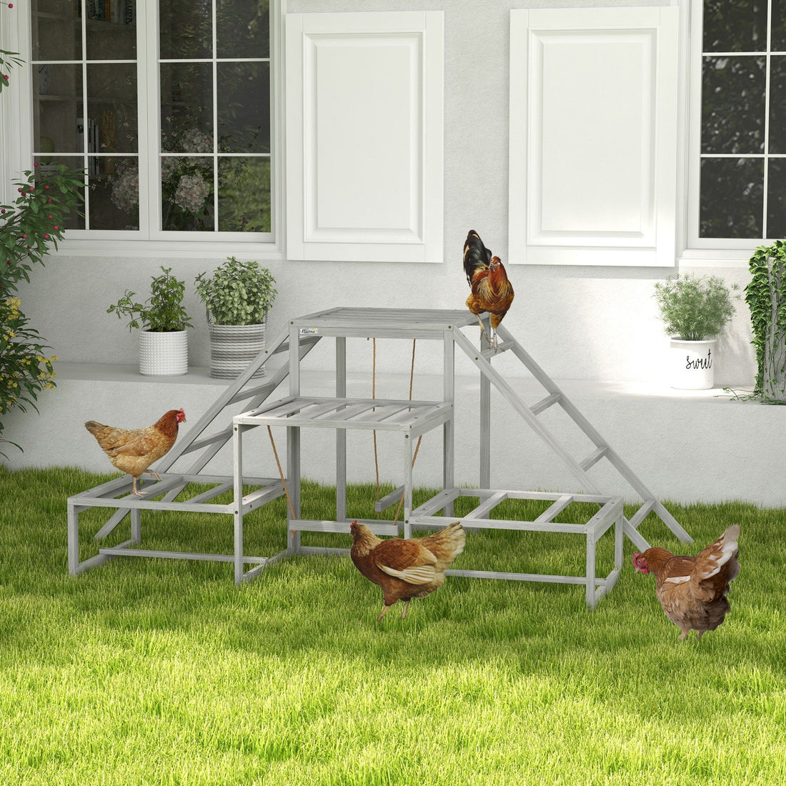 Wooden chicken roost stand on display