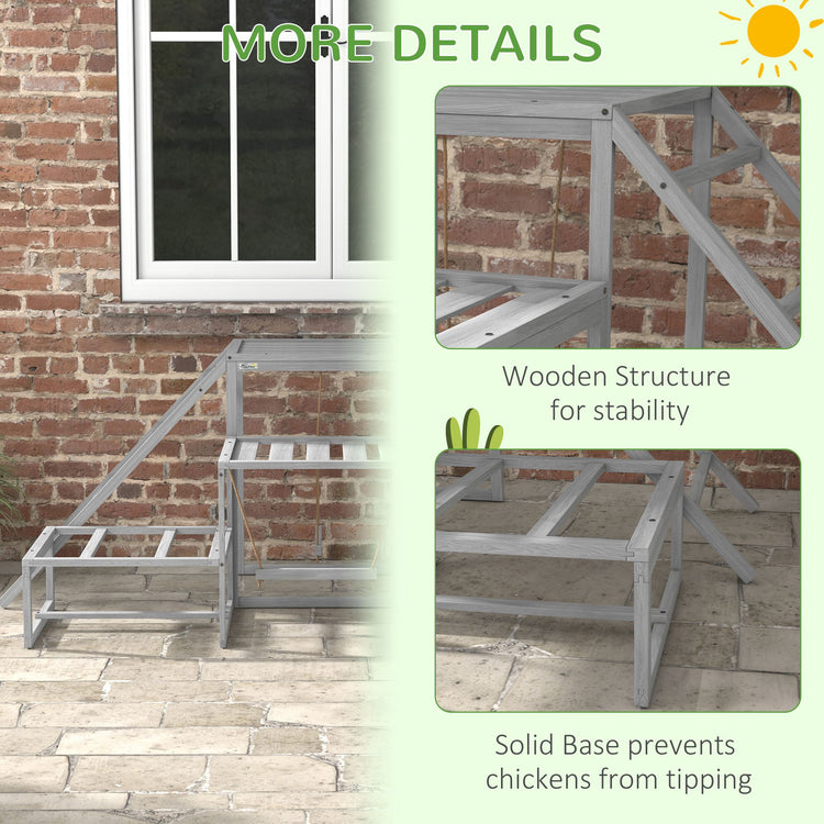Wooden roost stand size reference next to chicken