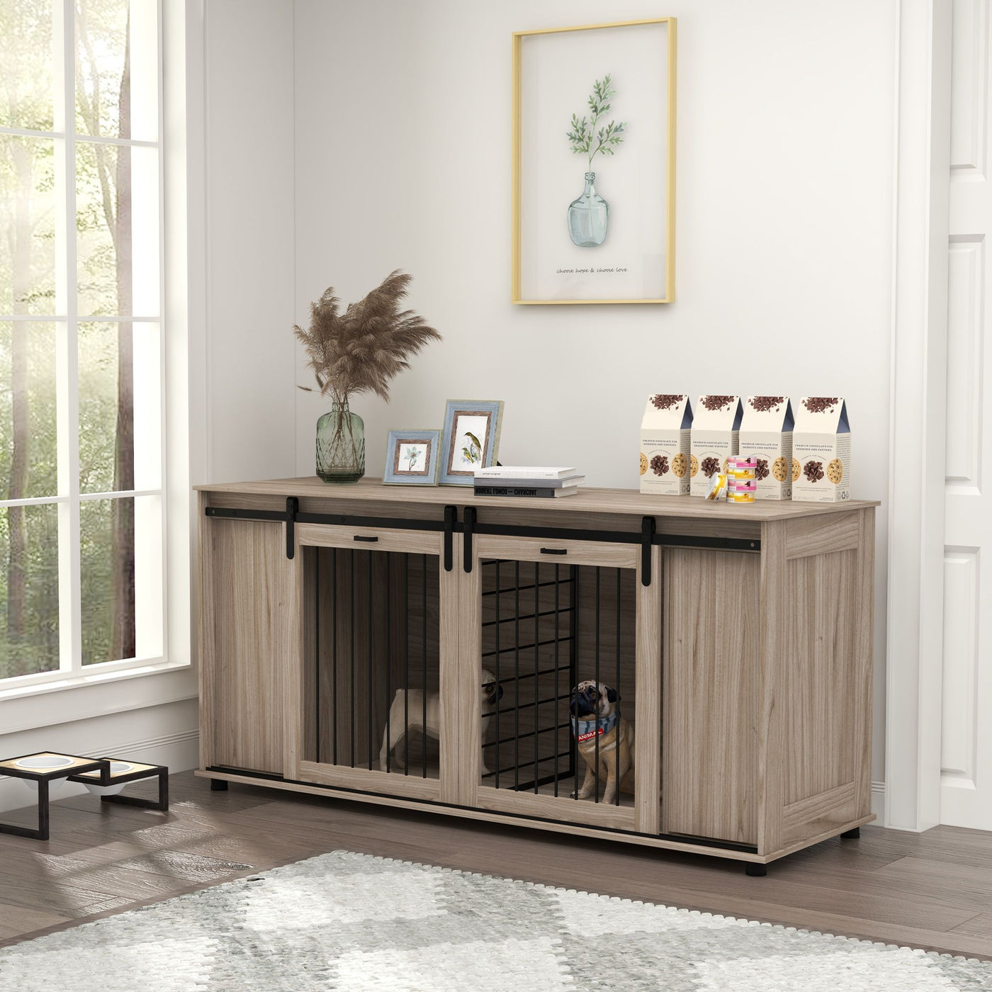 Indoor wooden dog kennel with storage drawer, full view