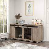 Indoor wooden dog kennel with storage drawer, full view