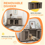 Wooden dog kennel storage drawer open
