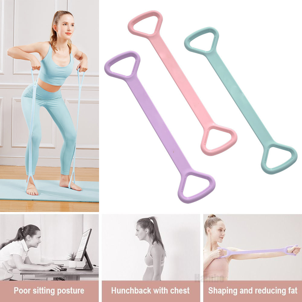 Pink, purple, and mint flat elastic stretch bands with a triangular grip handle molded at each end
