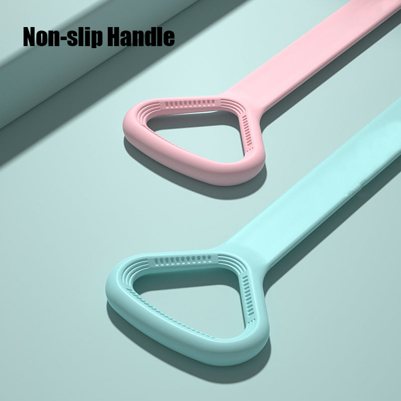 Close-up of the non-slip triangular handles on the pink and mint yoga bands