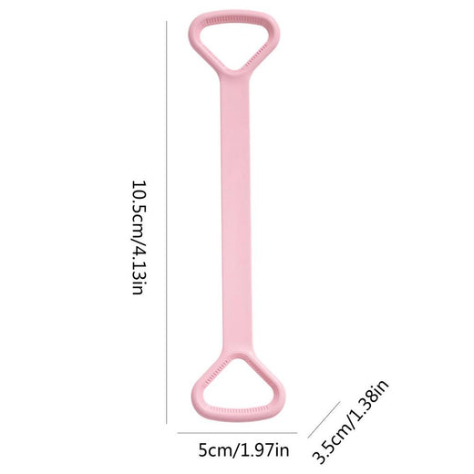 Pink yoga band shown with handle and length dimensions