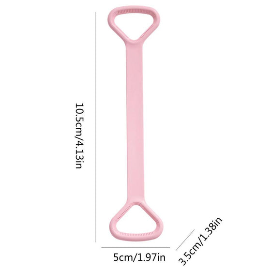 Pink yoga band shown with handle and length dimensions