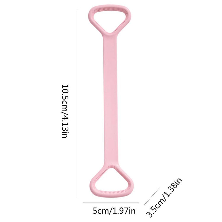 Pink yoga band shown with handle and length dimensions