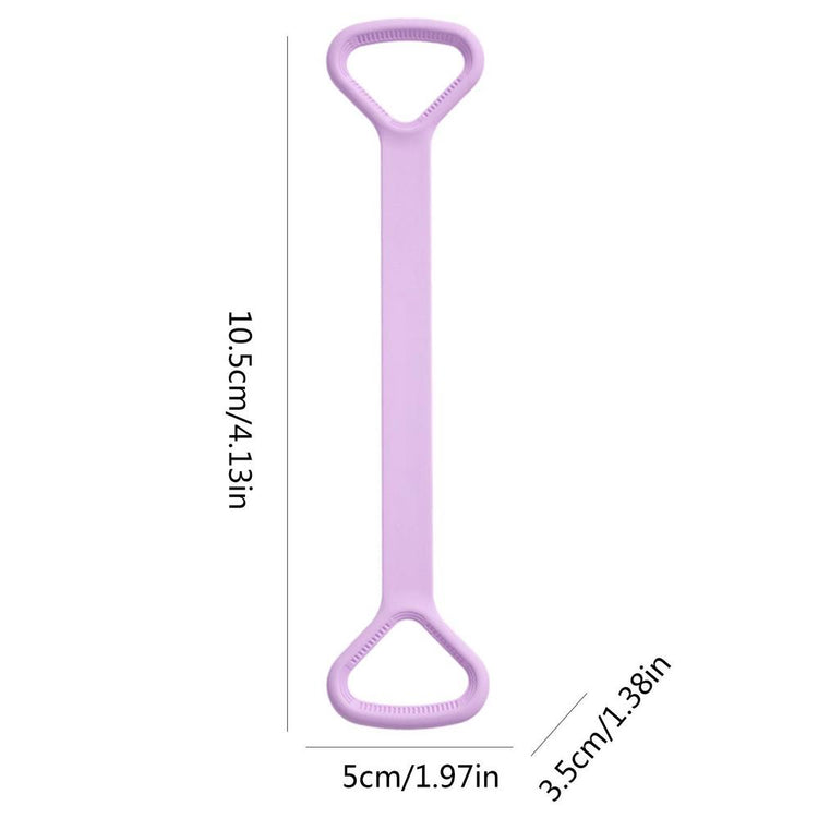 Purple yoga band shown with handle and length dimensions