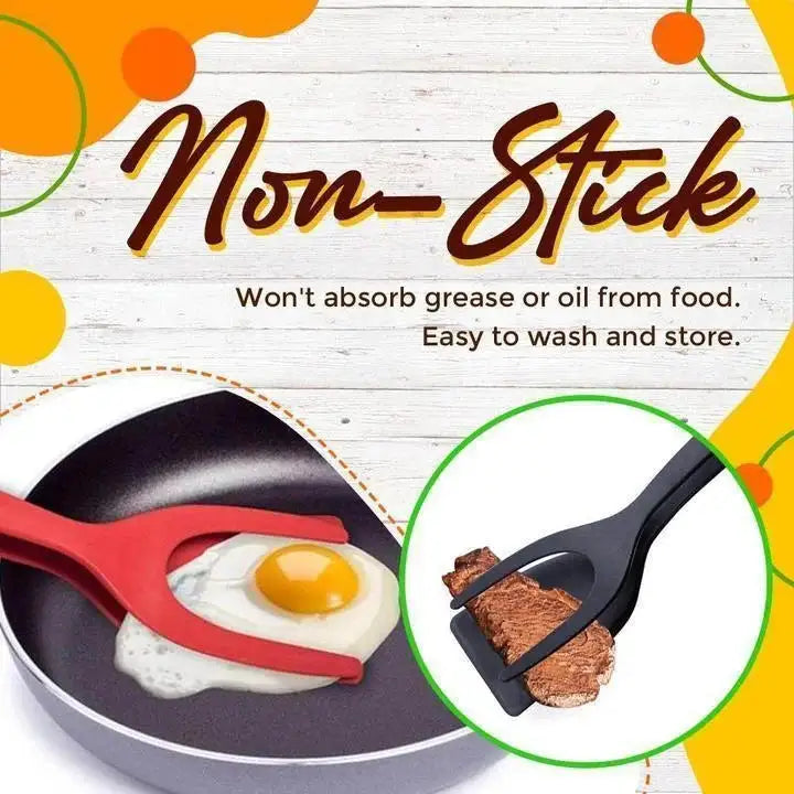 Red tong end of the spatula tool gripping a fried egg in a pan