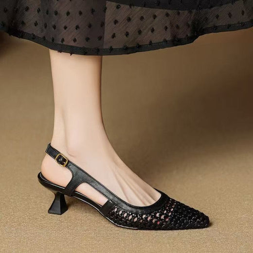 Super Leather French-style pointed-toe hollow-woven platform high heels product image 2