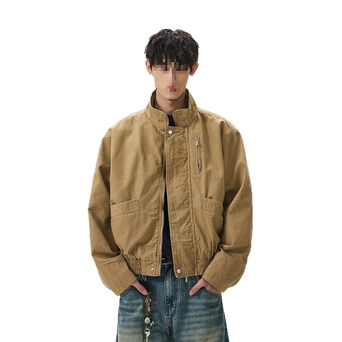 Men's Stand Collar Bomber Jacket Retro Loose Solid Outerwear