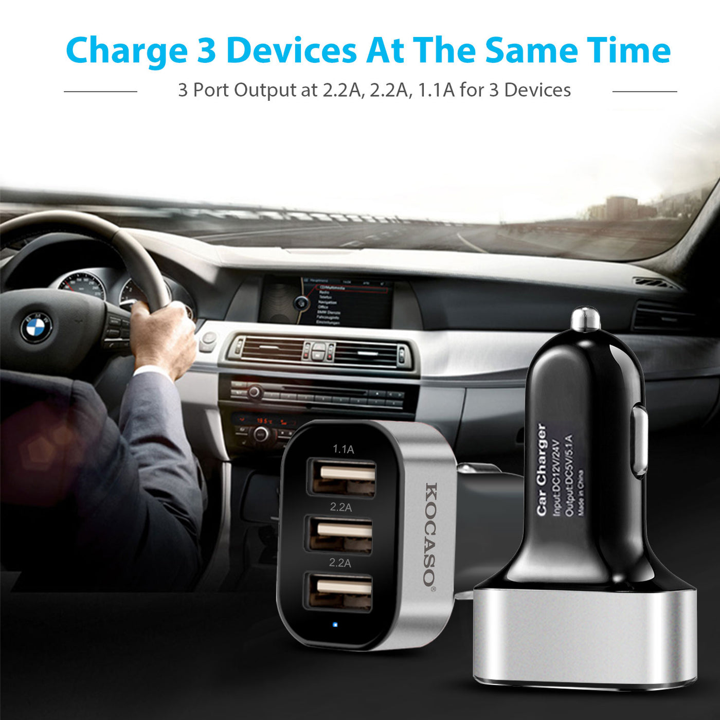 30W 3-port USB car charger front view