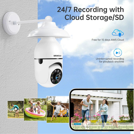 Bulb camera installed in an outdoor porch light socket with app recording