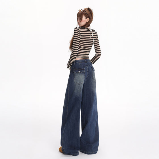 Women's Retro Blue Bamboo Pattern Straight-Leg Floor-Length Jeans