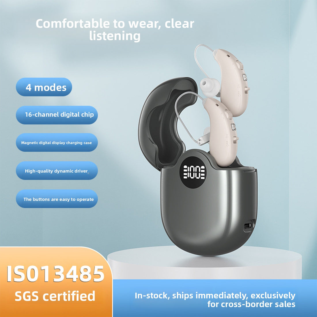Rechargeable Digital Behind-The-Ear Hearing Aid with Noise Reduction and Type-C Charging for Elderly Adults