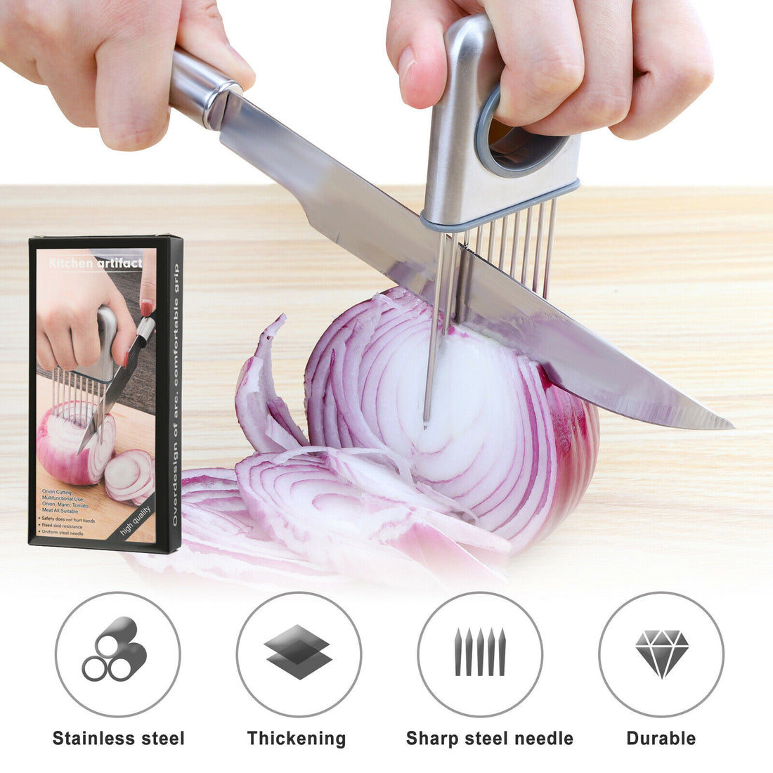 Onion holder slicer side view ergonomic handle