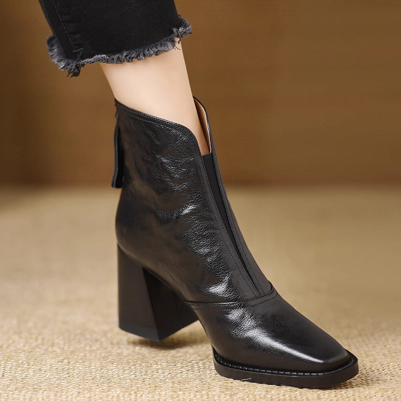 Women Retro Square Toe Chunky Heel Ankle Boots