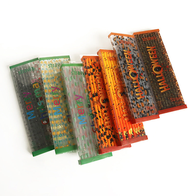Reusable Plastic Straw Set with Holiday Designs