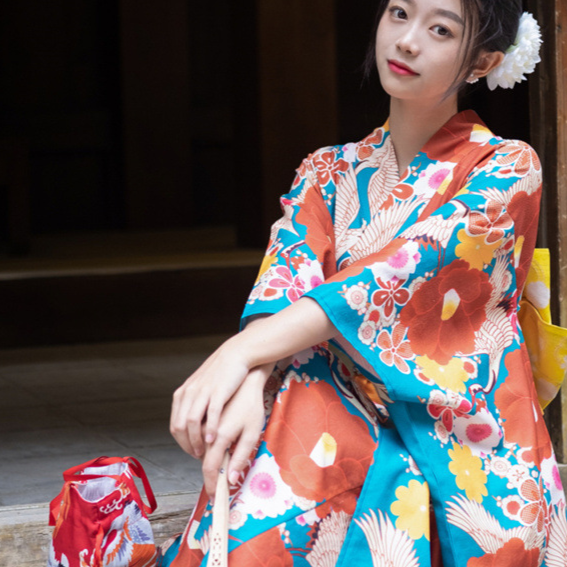 Women's Japanese Camellia Print Kimono Dress Set, All Yards, image 8 of 41