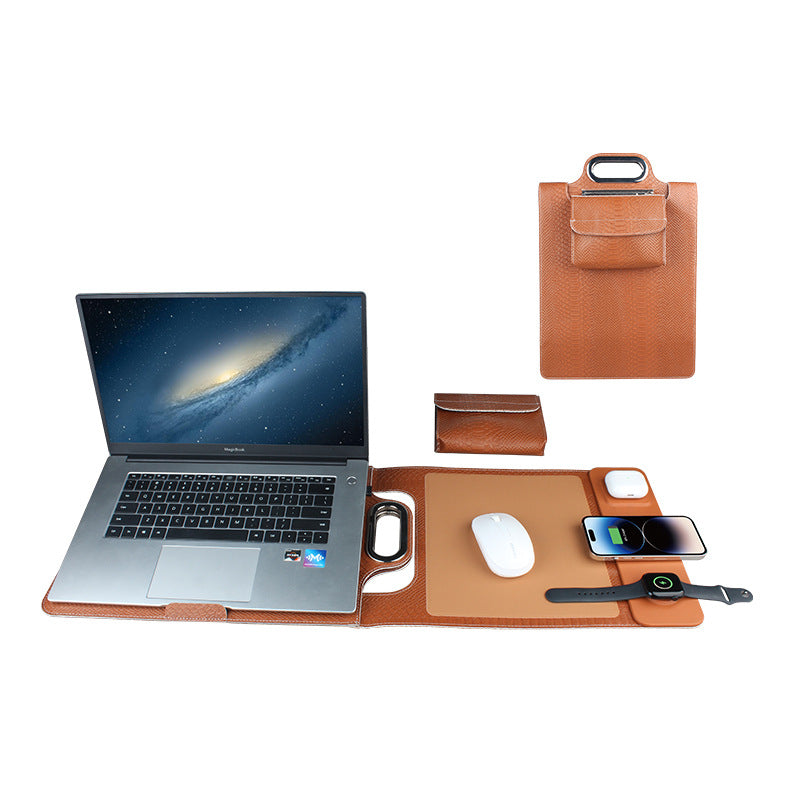 Magnetic Wireless Charger Leather Laptop Sleeve Mouse Pad