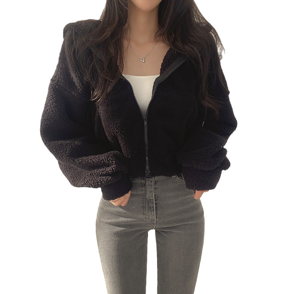 Women's Faux Lamb Fur Hooded Zip-Up Jacket