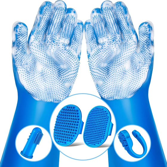 Blue silicone grooming gloves, bath brush, finger toothbrush and strap