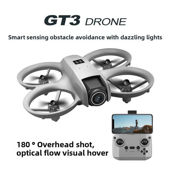 GT3 Drone graphic with obstacle avoidance, dazzling lights and a remote controller
