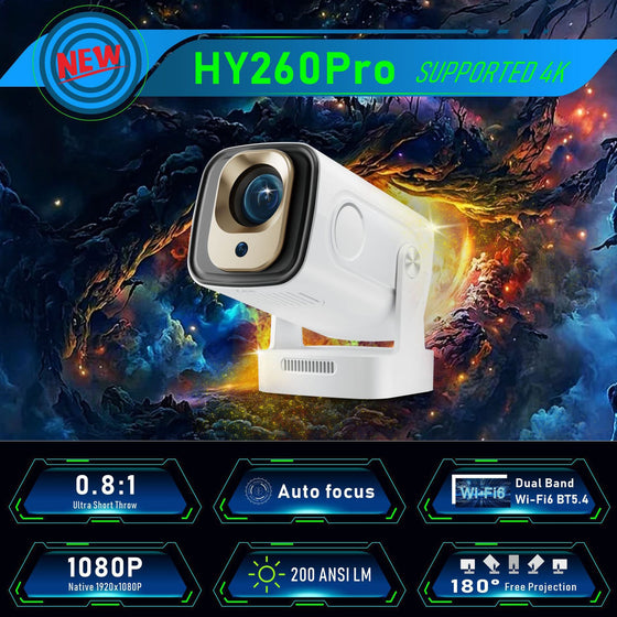 HY260Pro feature panel: 0.8:1, autofocus, 1080P, 200 ANSI lumens, 180 degree projection