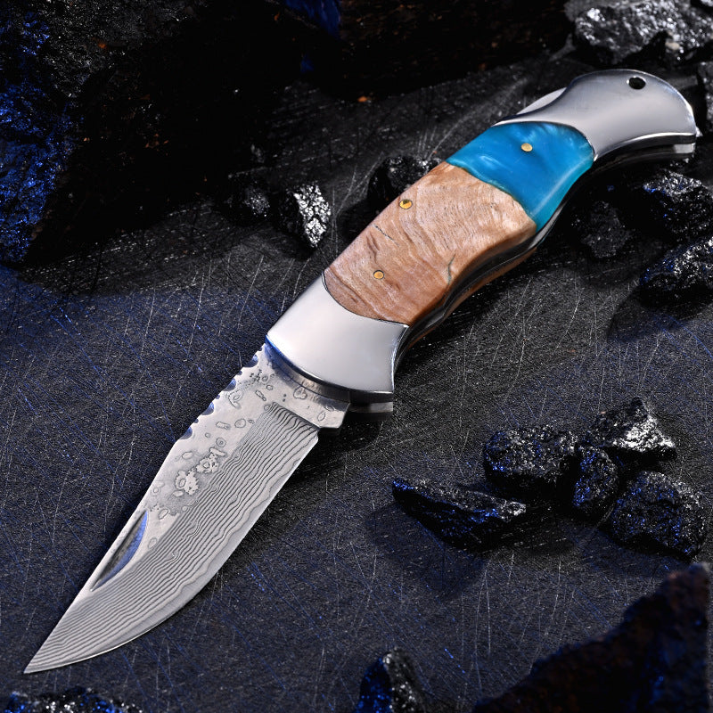 Damascus Steel Wood Resin Handle Folding Knife