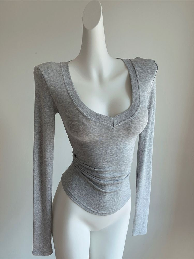 Womens Right Angle Shoulder V Neck Slim Fit Long Sleeve T Shirt
