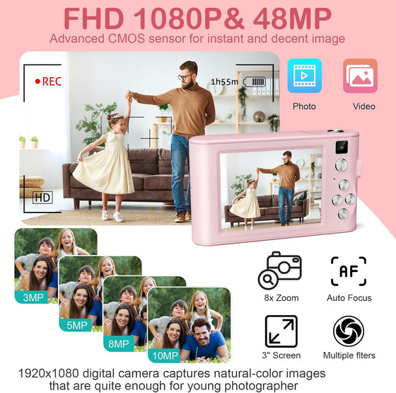 Kids camera with 1080P video and 48MP photos, autofocus and 3 inch screen