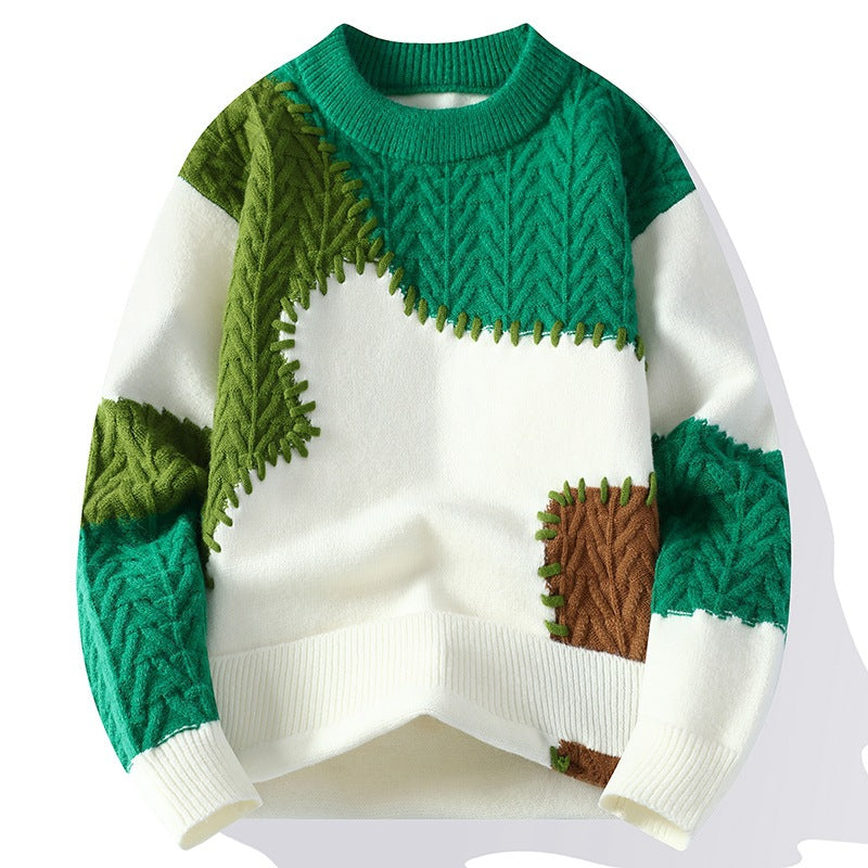 Loose patchwork knit pullover sweater with round neck, photo 8
