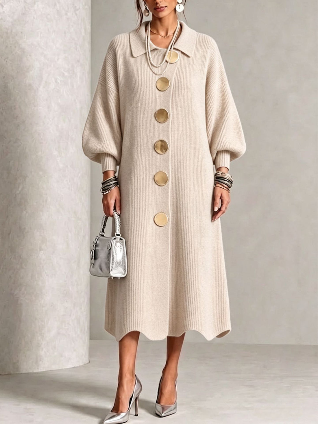 knitted dress with metal buttons