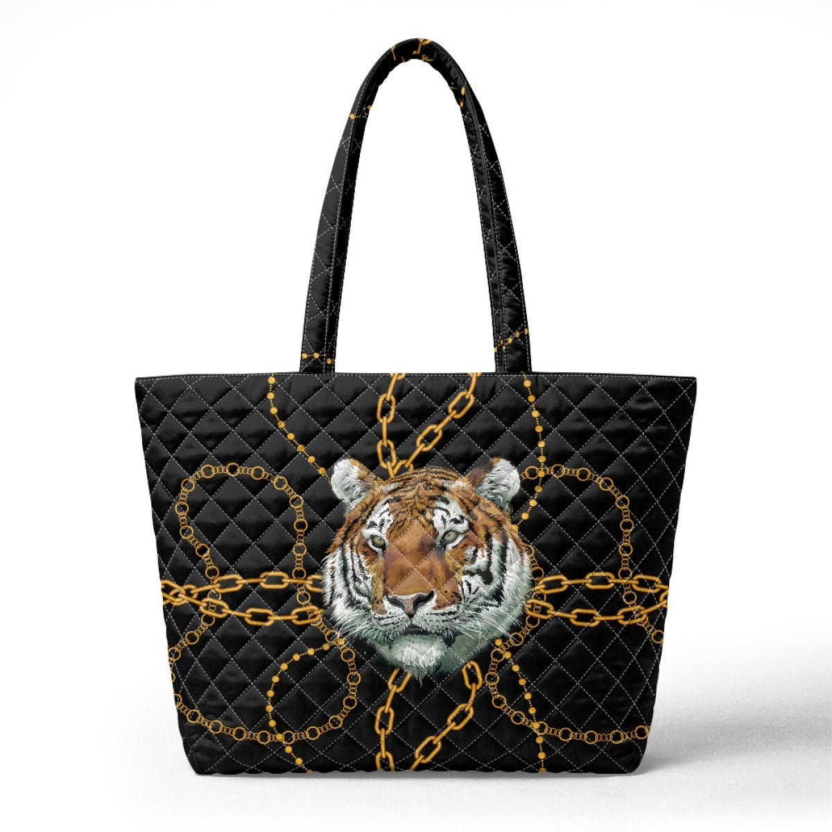 Embroidered Quilted Tiger Print Tote Bag