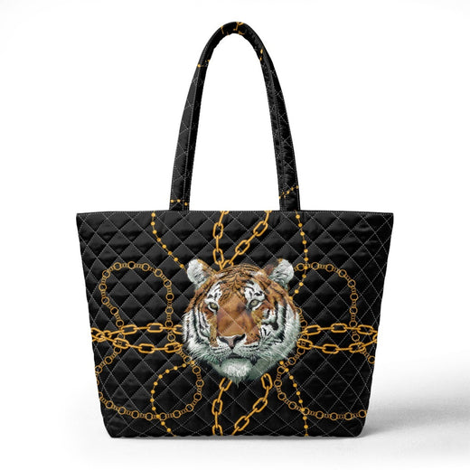 Embroidered Quilted Tiger Print Tote Bag