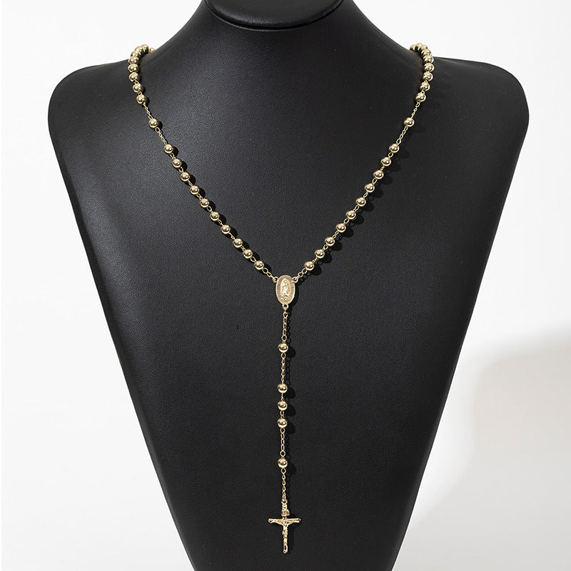 Light Luxury Gold Cross Pendant Long Bead Chain